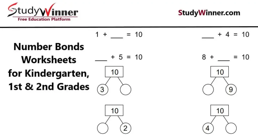 Number Bonds Worksheets for Kindergarten - 1st and 2nd grades